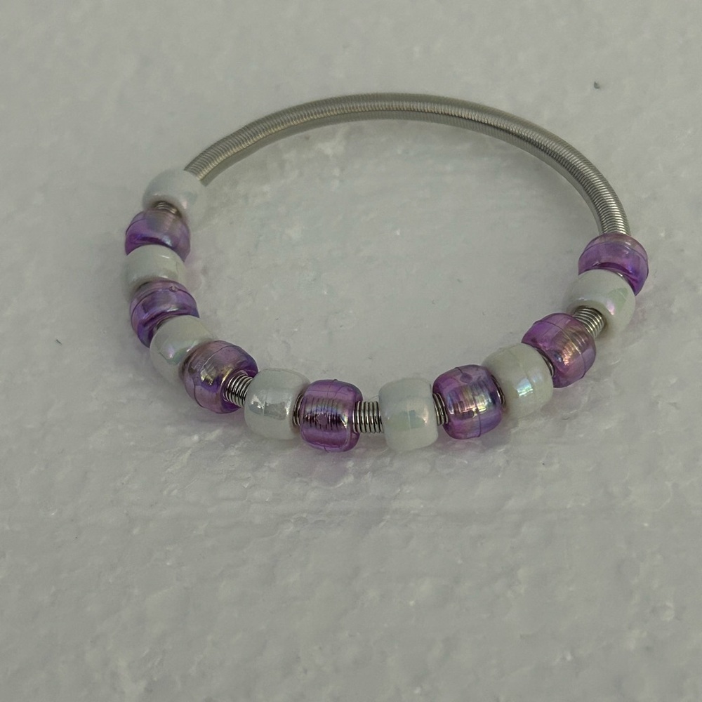 Handmade Purple and White Beaded Bracelet with Crystal Accents